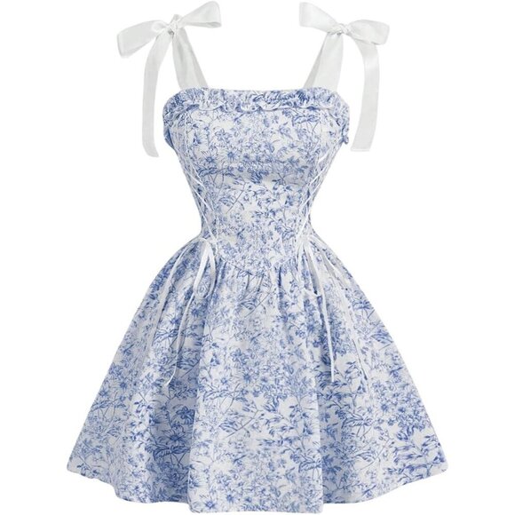 Dresses & Skirts - Women's Floral Tie Shoulder Cami Dress Short Flared Vacation Party